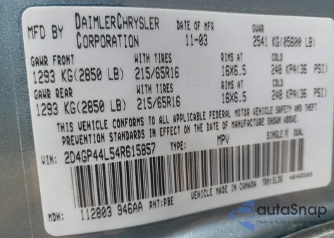 2004 Dodge Grand Caravan Sxt из США, поврежденный, VIN 2D4GP44L54R615857